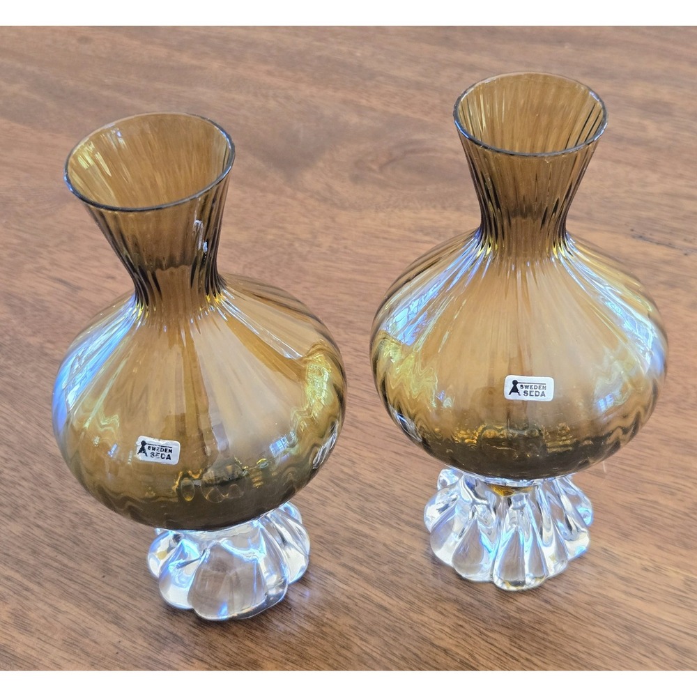 Aseda Sweden Emerald Green Vase Hand Blown Glass Blossom Pedestal MCM Set Of 2